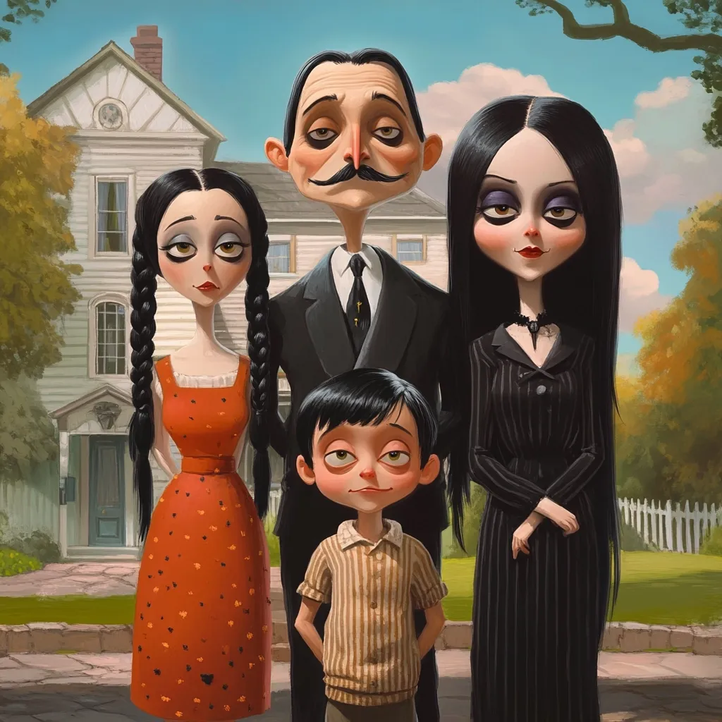 A stylized illustration depicts the Addams Family standing before their home.  Gomez and Morticia are flanked by Wednesday and Pugsley.  The characters have exaggerated features, large eyes, and dark clothing, reflecting the family's gothic aesthetic.  The house is a classic, two-story structure with white siding, adding contrast to the family's dark attire.  The overall style is whimsical and cartoonish.