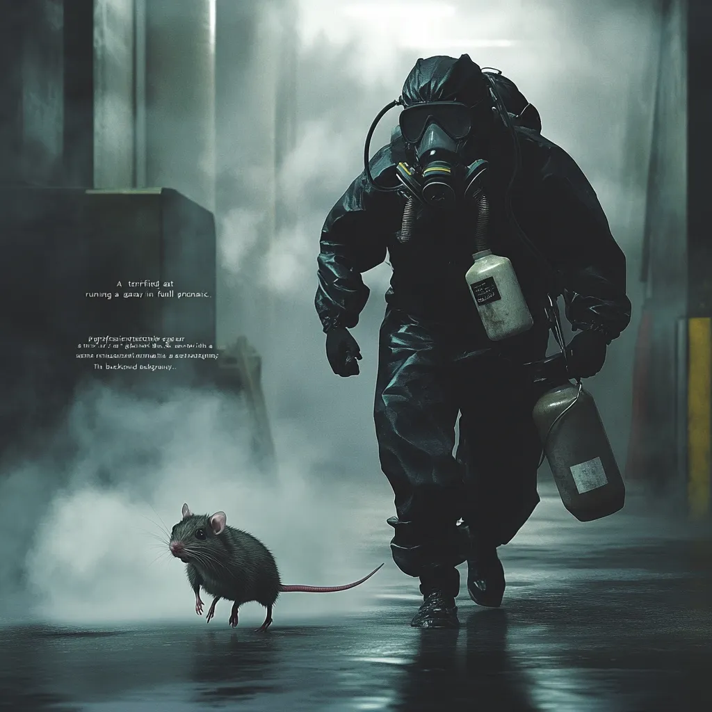 A person in a hazmat suit runs through a smoky, industrial setting, carrying containers.  A rat scurries in the foreground. The scene is dark and ominous, suggesting a hazardous situation, possibly a biohazard or contamination event.  The overall mood is one of tension and unease.