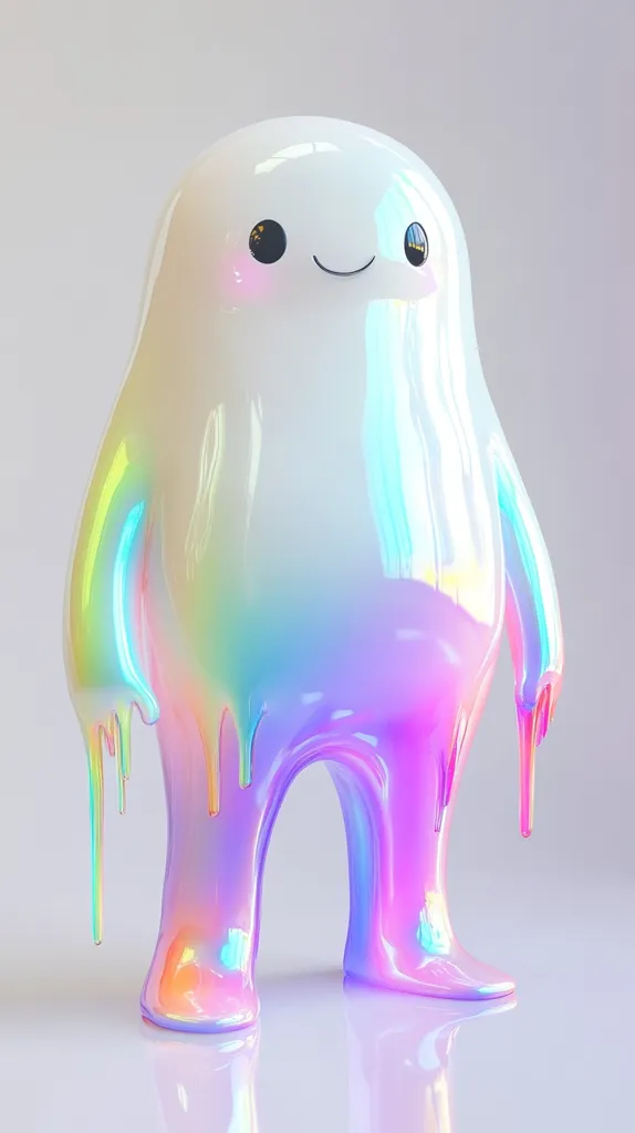 A charming, iridescent creature, resembling a melting ghost, stands against a light gray background. Its body is a smooth, glossy white that transitions into pastel rainbow hues, particularly purple and pink at the bottom.  Small, dark eyes and rosy cheeks add to its endearing appearance.  The creature's form is rounded and slightly amorphous, enhancing its playful and whimsical nature.