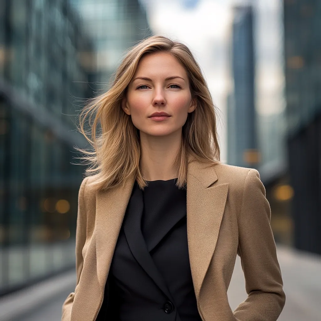A woman with shoulder-length blonde hair stands confidently outdoors, wearing a beige blazer over a black top.  The background is blurred, showing a modern cityscape of tall buildings.  Her expression is serious and direct, suggesting professionalism and self-assurance. The overall image conveys a sense of strength and urban sophistication.