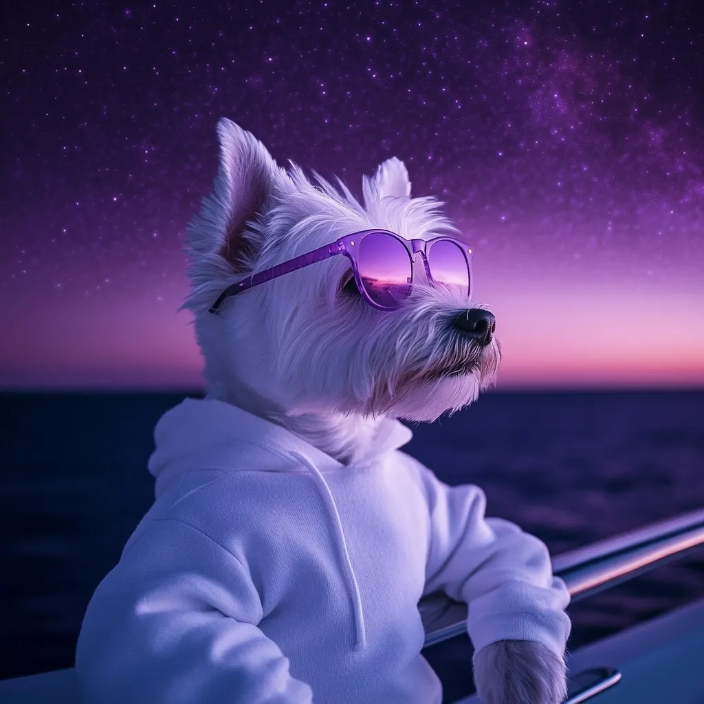 A West Highland White Terrier, wearing a white hoodie and purple sunglasses, gazes out at a breathtaking purple sunset over a calm ocean.  The night sky is filled with sparkling stars, creating a magical and serene atmosphere.  The dog appears relaxed and content, enjoying the view from what looks like a yacht. The image is artistically stylized with a dreamy, purplish tone.