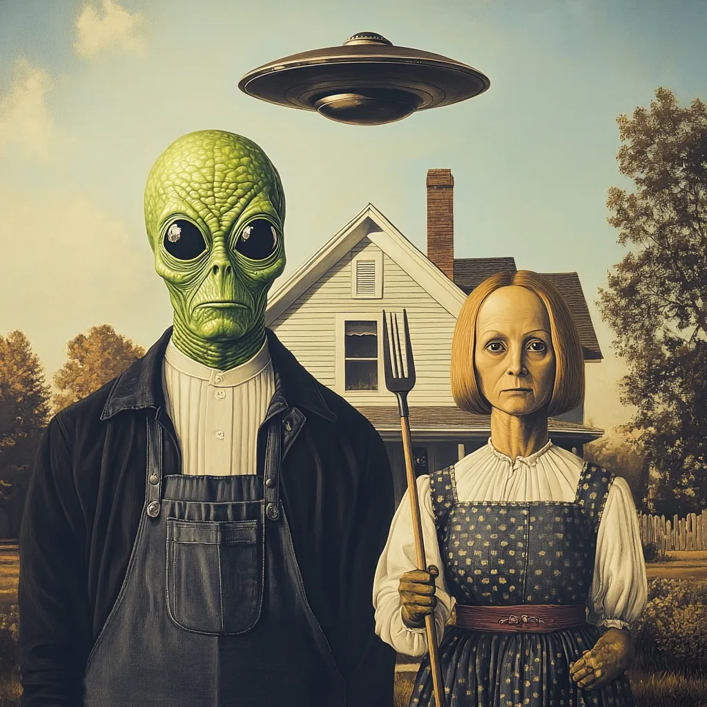 A painting in the style of American Gothic depicts an alien couple in overalls standing in front of a farmhouse.  A flying saucer hovers above them. The alien man is green-skinned, and the woman has pale skin and short, reddish-brown hair. They hold a pitchfork between them, creating a surreal and humorous juxtaposition of the familiar and the extraterrestrial.
