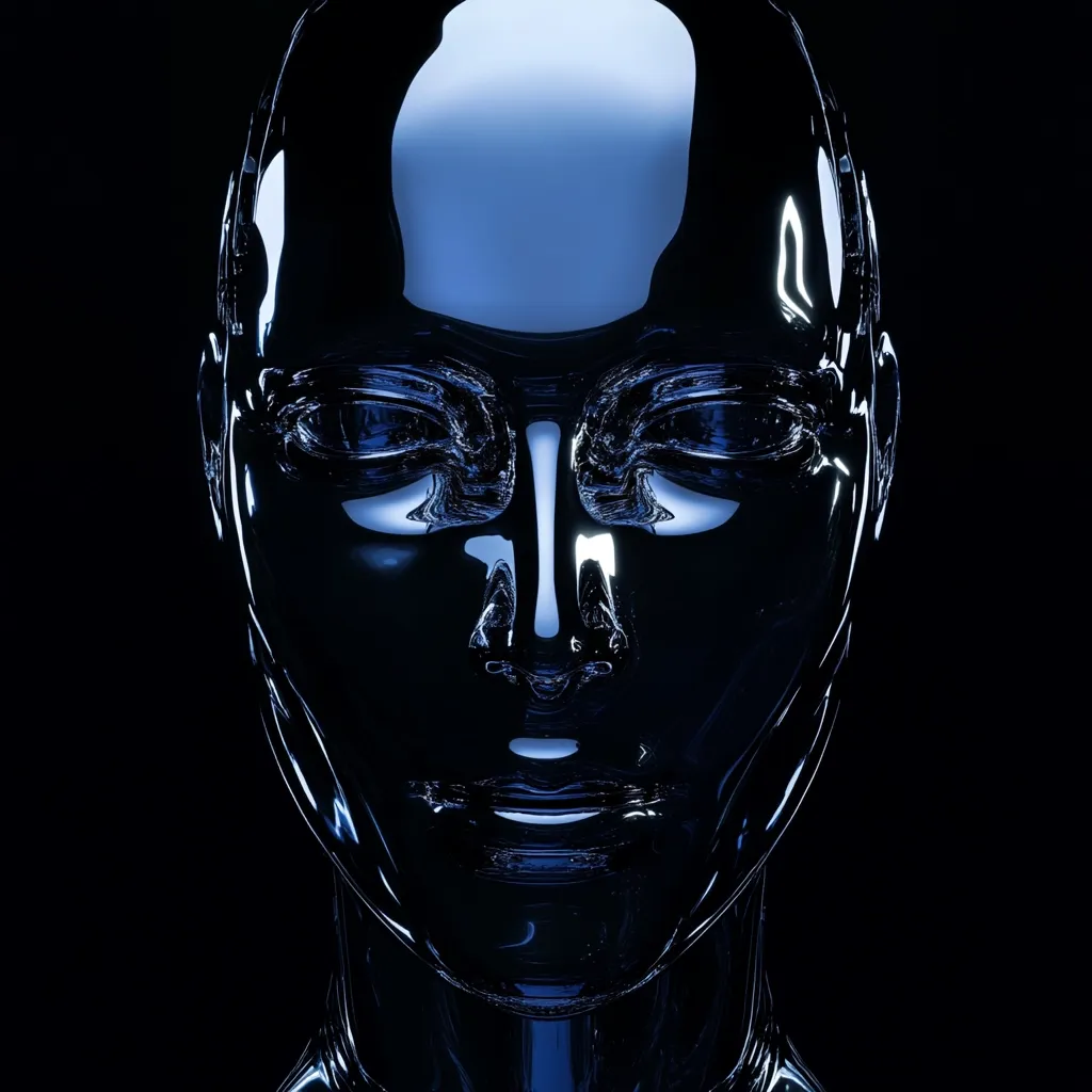 A close-up reveals a sleek, dark-blue, almost black, humanoid head sculpted from a glossy, reflective material.  The face is androgynous, with smooth features and a serene expression. The lighting highlights the material's sheen, creating a sense of both mystery and futuristic sophistication against the stark black backdrop. The image evokes a feeling of artificial intelligence or advanced robotics.