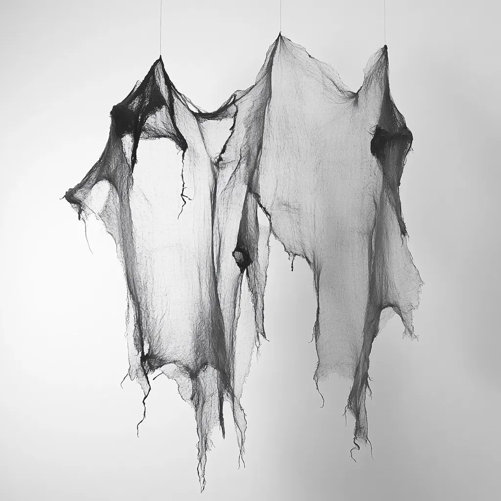 A grayscale image shows two pieces of tattered, dark grey fabric hanging against a light grey background.  The fabric is loosely woven, with numerous tears and frayed edges, creating a distressed and ghostly appearance.  The pieces hang from thin, barely visible threads at the top, suggesting a spooky or Halloween-themed decoration.