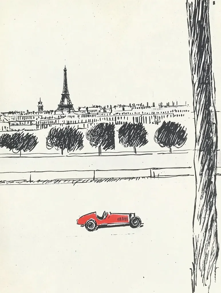 A minimalist ink drawing depicts a Parisian cityscape with the Eiffel Tower in the background. In the foreground, a small, red vintage race car sits on a road, beside a large, textured tree trunk. The style is simple, almost sketch-like, with black ink outlines and a hint of color for the car, set against a creamy off-white backdrop. The overall feel is one of calm and classic elegance.