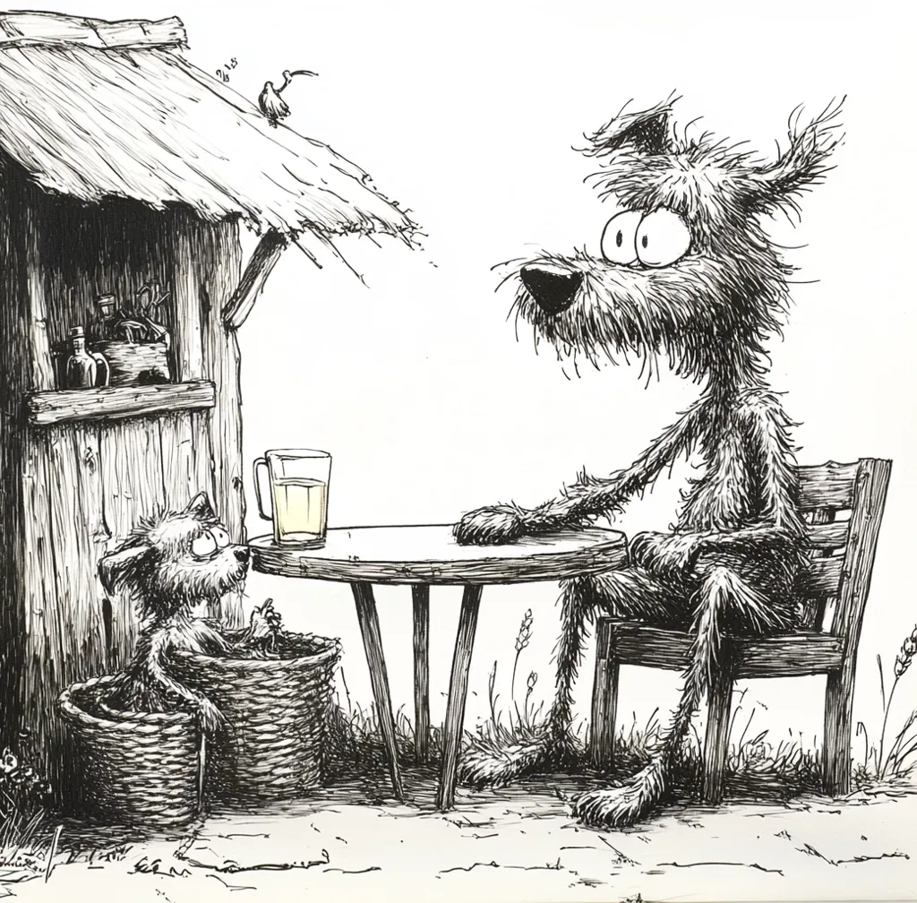 A whimsical ink drawing depicts two shaggy dogs at a small, rustic table outside a thatched hut. One dog sits in a chair, a glass of light-colored liquid before him.  The smaller dog sits in a woven basket, observing the larger dog.  The scene is peaceful, with simple lines and hatching creating a textured effect.  A small bird perches atop the hut. The style is cartoonish and expressive.