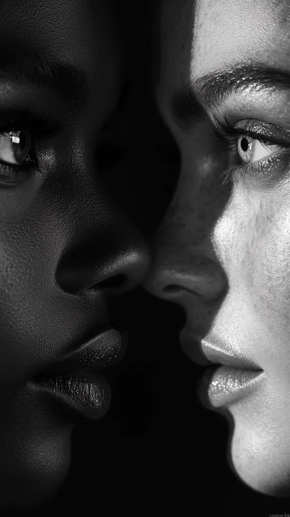 A close-up black and white photograph captures the intimate moment between two women.  Their faces are nearly touching, highlighting the contrast in their skin tones.  The image is dramatic, emphasizing texture and shadow, creating a powerful visual representation of connection and intimacy.  The focus is on their eyes, noses, and lips, enhancing the feeling of closeness.