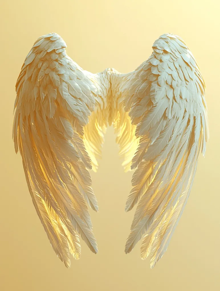 A pair of large, luminous angel wings are presented against a soft, pale yellow background.  The wings are intricately detailed, each feather rendered with a delicate, almost translucent quality.  The light seems to emanate from within the feathers, creating a soft, ethereal glow. The overall impression is one of serenity and grace.