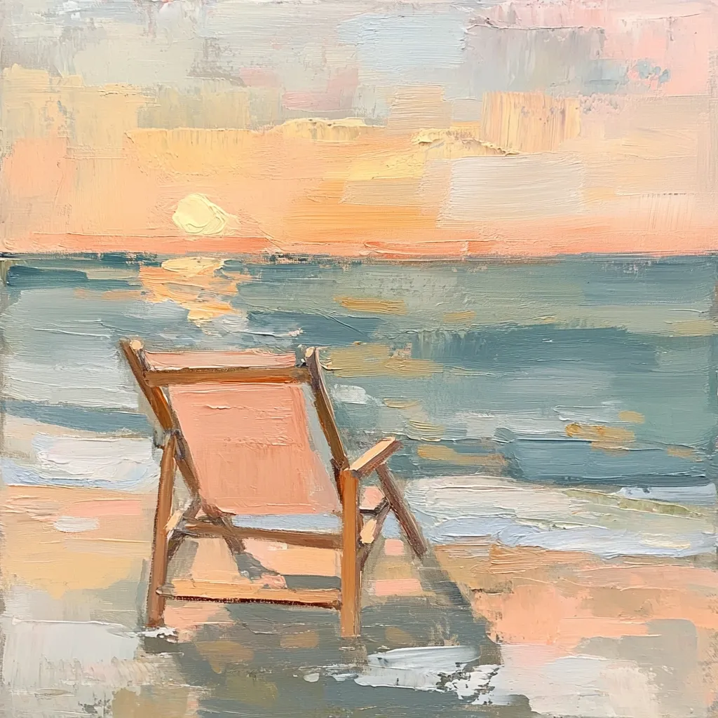 An impressionistic oil painting depicts a tranquil beach scene at sunset.  A lone, peach-colored beach chair sits on the sandy shore, facing a calm, teal-colored sea.  The sky is a soft blend of pastel oranges and yellows, reflecting subtly on the water's surface.  The artist uses visible brushstrokes to create a sense of movement and light, emphasizing the peaceful atmosphere.