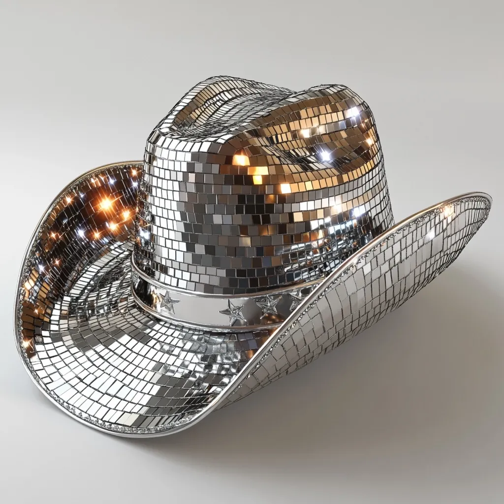 A silver disco cowboy hat gleams under soft light.  The hat is completely covered in small, mirrored squares, creating a dazzling effect. A silver band with small star accents encircles the base of the crown. The hat's brim is wide and downturned, exhibiting the same mirrored tile pattern.  The overall impression is one of flashy, celebratory style.