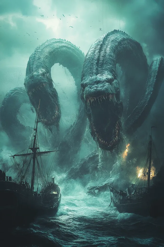 A colossal, three-headed sea serpent emerges from a stormy sea, its massive form dwarfing two beleaguered sailing ships.  The serpent's heads are monstrous, with gaping maws filled with sharp teeth.  Dark, turbulent waves crash around the vessels, suggesting a desperate struggle for survival against the mythical creature. The scene is rendered in a dramatic, dark teal palette, emphasizing the ominous atmosphere.