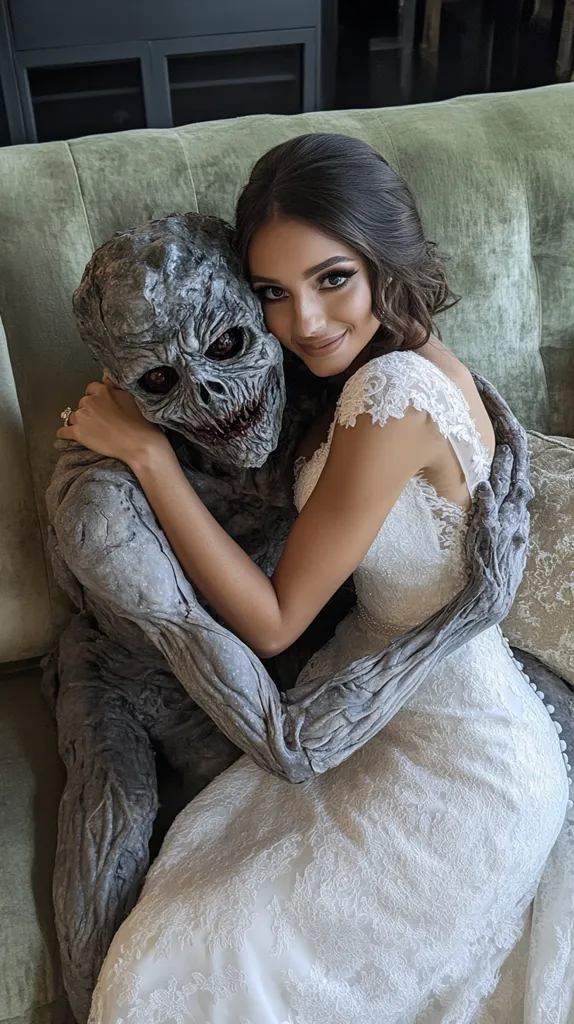 A bride in a white lace wedding dress lovingly embraces a grotesque, grey, creature-like figure.  The creature's appearance is unsettling, with a wrinkled, textured skin and sharp teeth. The bride's expression is serene despite the unusual nature of her companion.  The setting is a green sofa, suggesting an unexpected or darkly humorous context for the image.