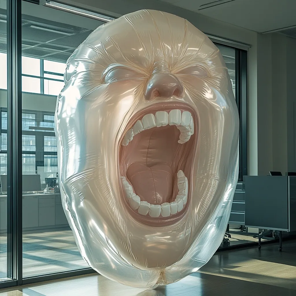 A large, inflatable sculpture of a screaming face dominates the scene.  The face, seemingly made of translucent plastic, is pale and features exaggerated details, particularly the open mouth revealing teeth and tongue.  It's positioned in a modern office setting, with large windows and minimalist furniture visible in the background, creating a stark contrast between the artwork and its environment.  The image emphasizes the sculpture's size and expressive features.
