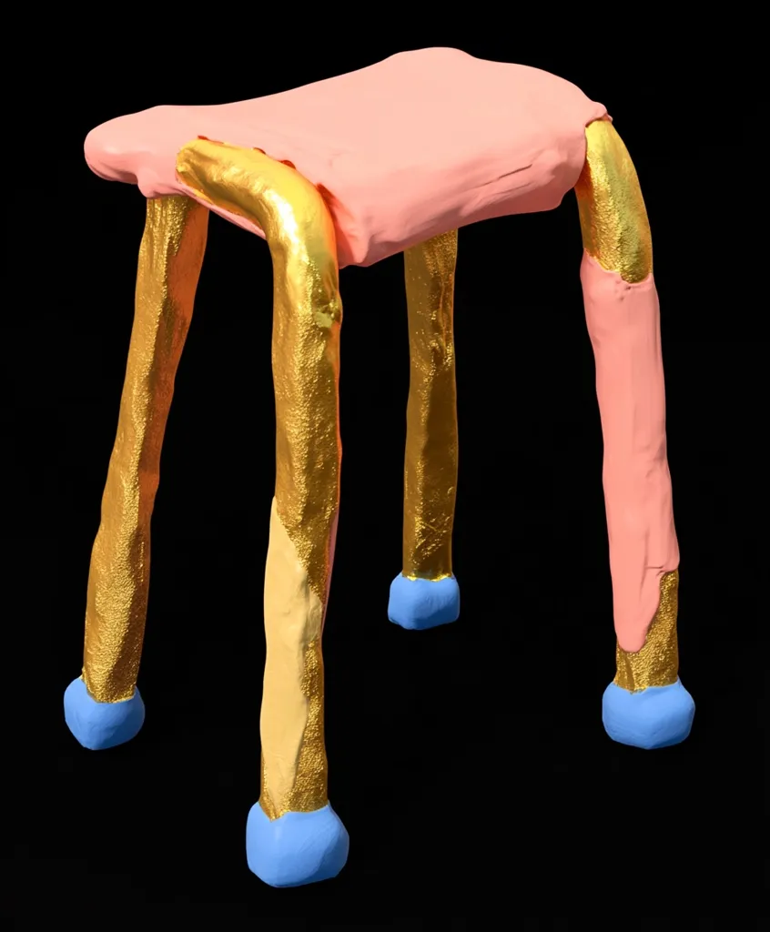 A whimsical, small stool is depicted against a black background.  Its seat is a soft pink, while the legs are a striking combination of gold leaf and pastel blue accents at the feet. The gold appears textured, suggesting a handcrafted quality. The overall style is playful and artistic, possibly a sculpture or unique design piece.