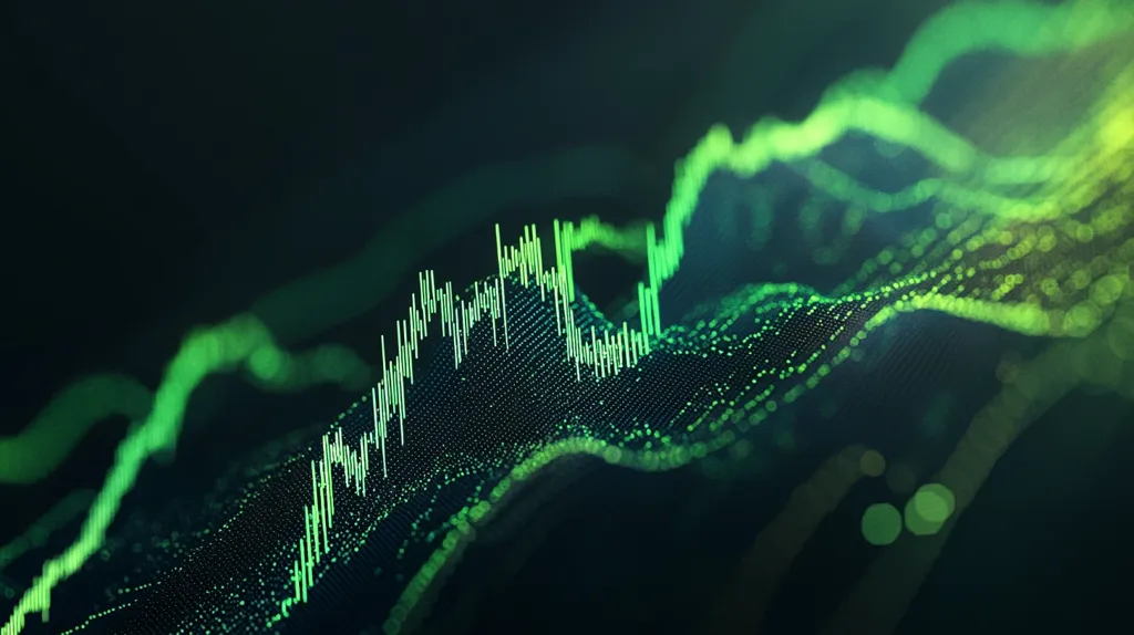 An abstract representation of financial data is depicted.  A dynamic, three-dimensional graph, rendered in shades of green, flows across the screen, visualizing fluctuating market trends.  The data points are shown as a wave-like pattern, with brighter green highlighting peaks and valleys, suggesting volatility and change in market value. The dark background enhances the vibrant green elements.
