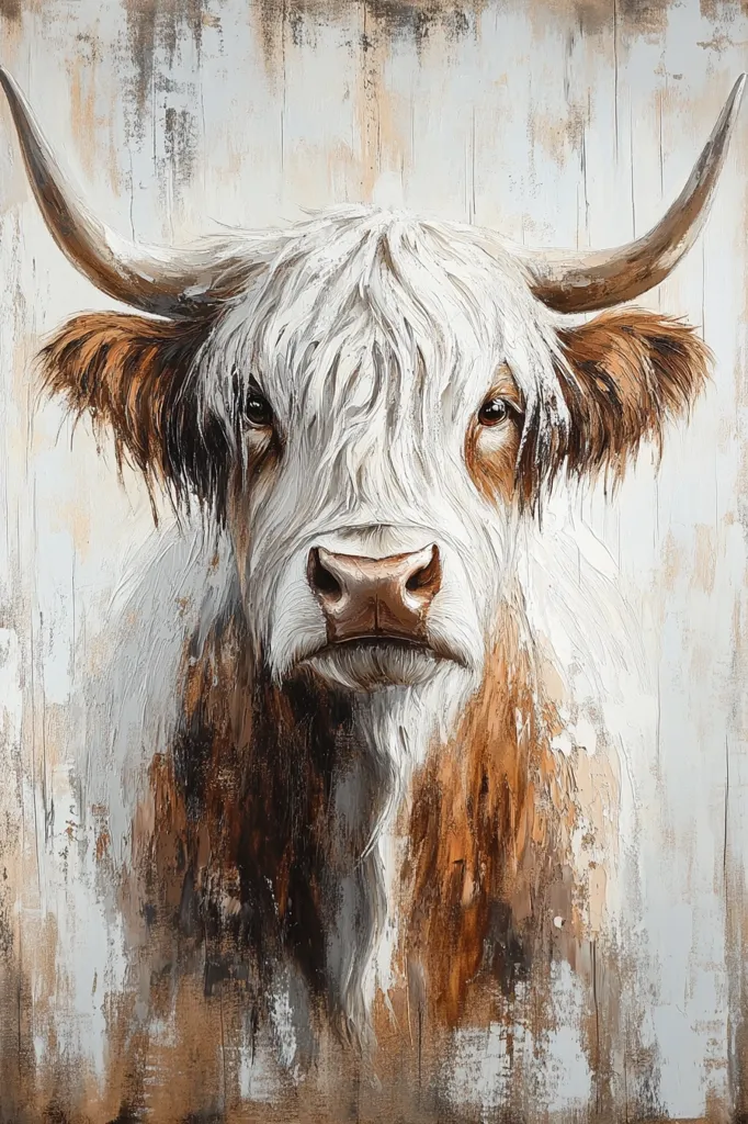 A captivating painting showcases a Highland cow, its predominantly white fur contrasted by rich brown accents on its ears and lower body.  The cow's expression is serene, its large, expressive eyes engaging the viewer directly. The background features a textured, light grey and beige palette, enhancing the cow's prominent features.  The artist utilizes a painterly style, with visible brushstrokes adding depth and dimension to the artwork.