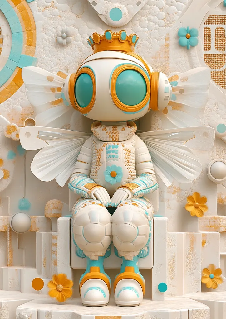 A charming robotic figure, crowned and winged, sits regally on a meticulously detailed throne.  The robot's pastel color palette of white, turquoise, and gold creates a serene atmosphere.  Intricate floral and geometric patterns adorn both the robot and its ornate surroundings, suggesting a fantasy or futuristic setting.  The overall aesthetic is whimsical and delightful.