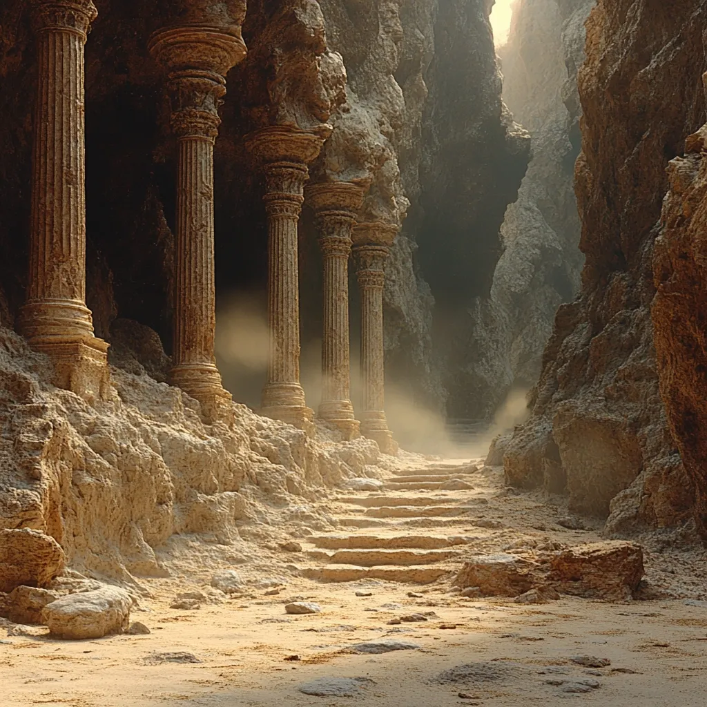 A digitally created image depicts a stone staircase leading into a canyon.  Ancient, weathered columns stand partially buried in sand, suggesting a forgotten civilization.  Dust motes hang in the sunlit air, enhancing the mystical atmosphere of this eroded, classical-style ruin nestled within the canyon walls.  The overall tone is warm and evocative of a lost world.