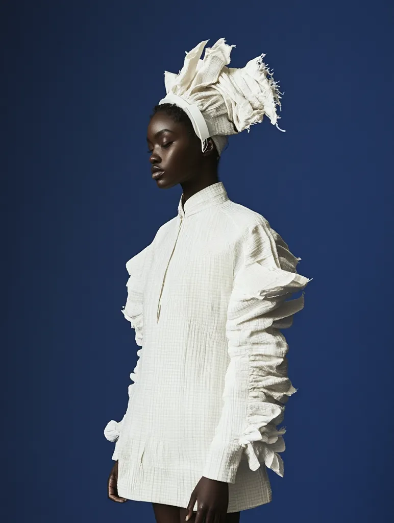 A Black model with closed eyes wears a textured white collared shirt with voluminous, ruffled sleeves and a unique white headpiece. The headpiece is a sculpted fabric creation that resembles a stylized crown or headdress. The background is a solid, deep blue, providing a stark contrast to the model's outfit. The overall image is striking and evokes a sense of high fashion and artistic design.