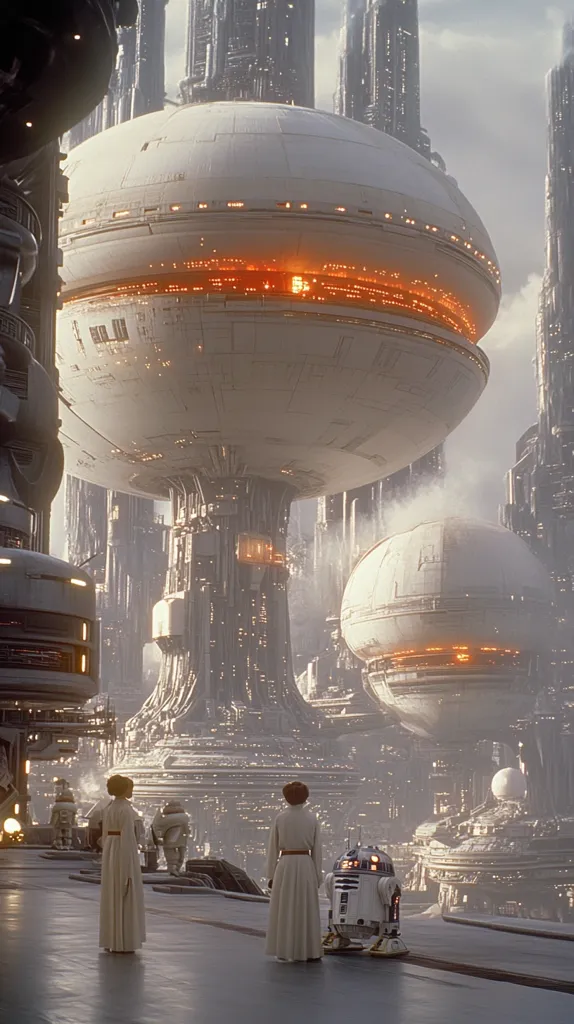 A futuristic cityscape dominates the background, featuring towering, intricately designed buildings.  In the foreground, two figures in flowing white robes stand alongside R2-D2.  A large, dome-shaped structure, possibly a spacecraft or station, is the central focus, its glowing lights illuminating the scene. The overall atmosphere is one of serene anticipation within a technologically advanced setting.