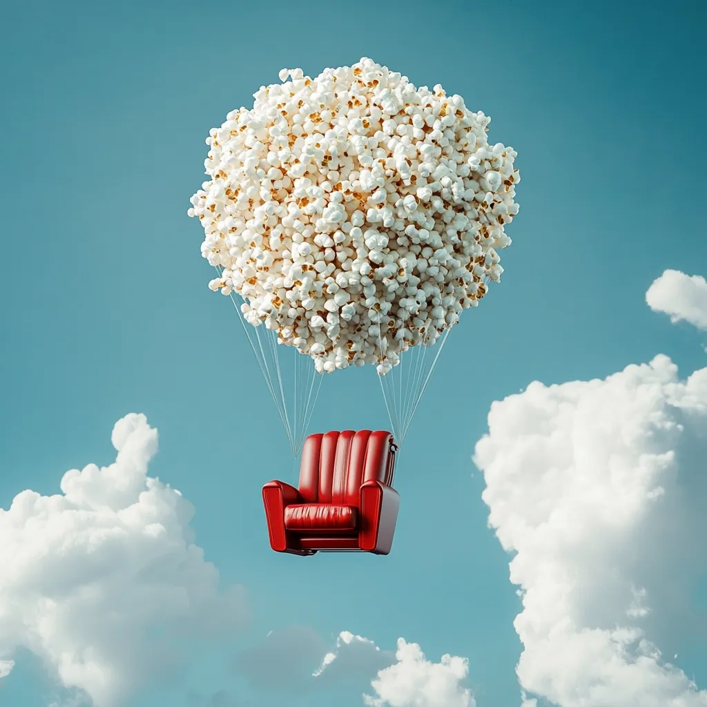 A whimsical illustration depicts a red armchair soaring through a vibrant blue sky.  A large, spherical cluster of popcorn serves as the hot air balloon, lifting the chair amidst fluffy white clouds.  The scene is surreal and playful, suggesting a dreamy escape or the ultimate movie-watching experience.