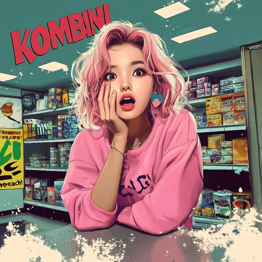 A stylized illustration of a young woman with pink hair, wearing a pink sweatshirt, leaning on a counter in a convenience store.  She has a surprised expression, hand to her cheek. The word "KOMBINi" is prominently displayed, referencing the Japanese term for convenience store. The overall aesthetic is vibrant and retro, with a focus on bold colors and graphic elements.