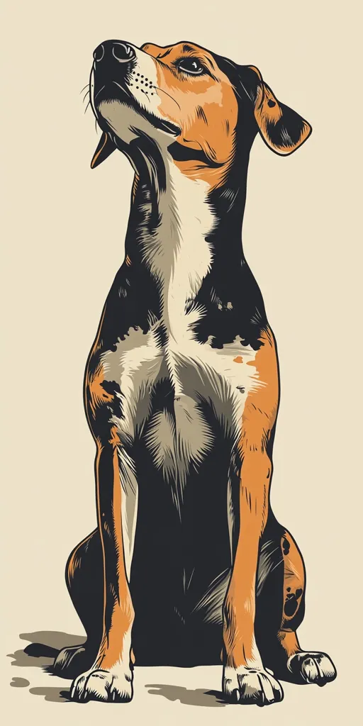 A meticulously detailed vector illustration showcases a dog in a seated position, gazing upward. Its coat is a striking blend of black, orange, and white, creating a captivating tri-color effect. The dog's posture suggests attentiveness and alertness, enhanced by the expressive eyes and slightly tilted head. The artwork's style is reminiscent of vintage illustrations, with bold lines and shaded areas that add depth and dimension to the image.