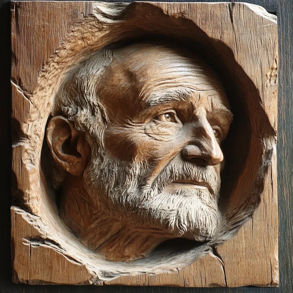 A striking bas-relief wood carving depicts the head and shoulders of an elderly man.  His face is deeply lined, reflecting a life lived, and his gaze is directed towards the right. The detail in the beard and wrinkles is exquisite, showcasing the skill of the woodcarver.  The piece is set within a roughly hewn, circular frame, adding to its rustic charm. The wood's texture is prominent, enhancing the overall effect.
