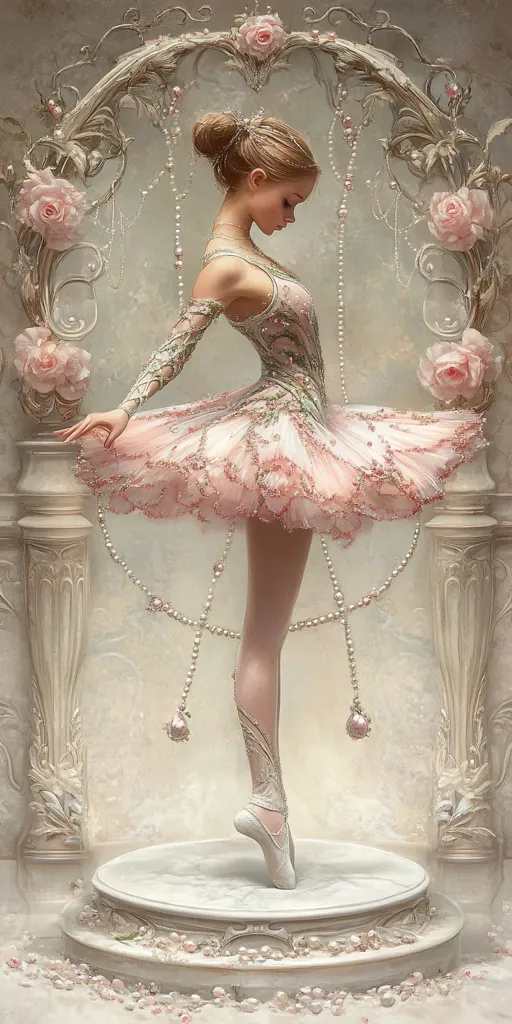 A ballerina in a delicate pink tutu stands gracefully on a marble pedestal.  She is positioned within an ornate, arched structure adorned with roses and pearl strings.  The overall aesthetic is ethereal and romantic, emphasizing pastel colors and elegant details.  The ballerina's pose and the setting create a dreamy and whimsical scene.