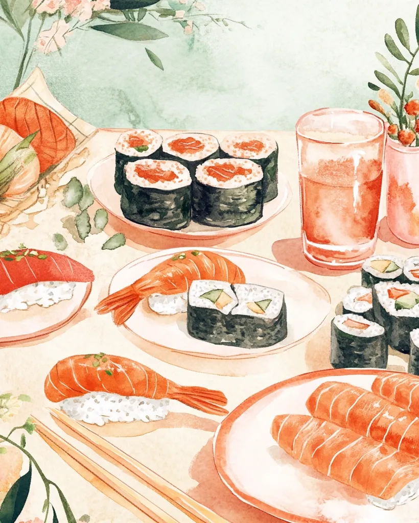 A watercolor painting depicts a delightful sushi spread.  Several plates showcase various sushi rolls, including nigiri with salmon and avocado maki.  Shrimp sushi and additional salmon nigiri are also present.  A glass of juice and floral decorations complete the scene, suggesting a relaxed and elegant outdoor meal. The overall style is soft and inviting.