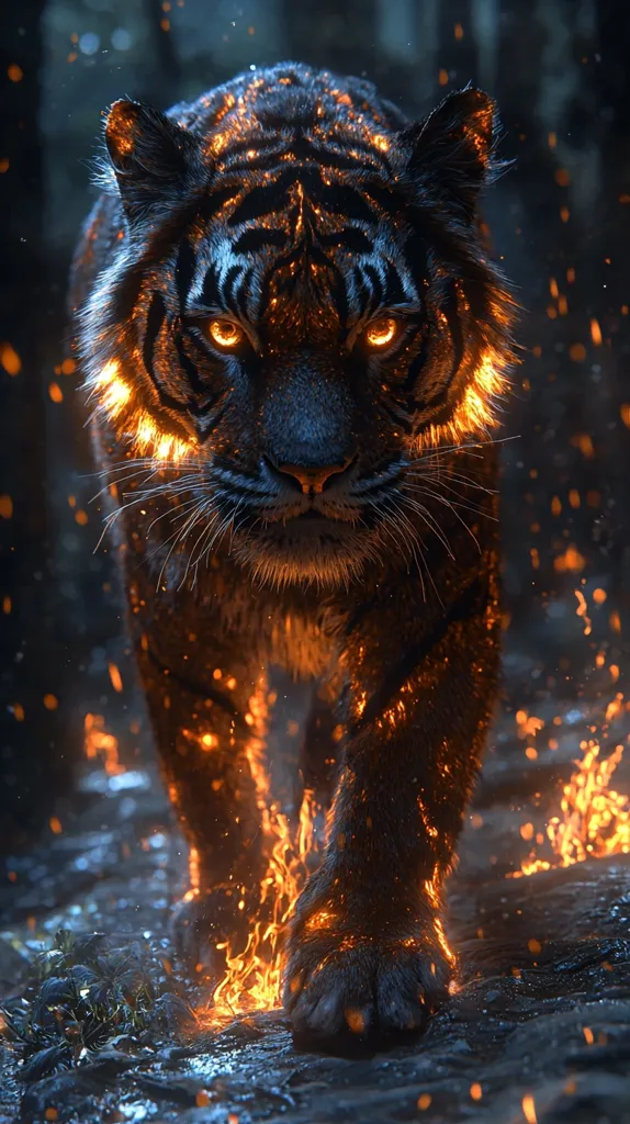 A digital rendering depicts a majestic tiger, its fur seemingly ablaze with fiery orange and gold embers.  The tiger's eyes glow with an intense light, and its paws leave fiery trails as it walks through a dark, mysterious setting.  Sparks and flames surround the creature, creating a dramatic and powerful image. The overall effect is one of mythical power and untamed beauty.