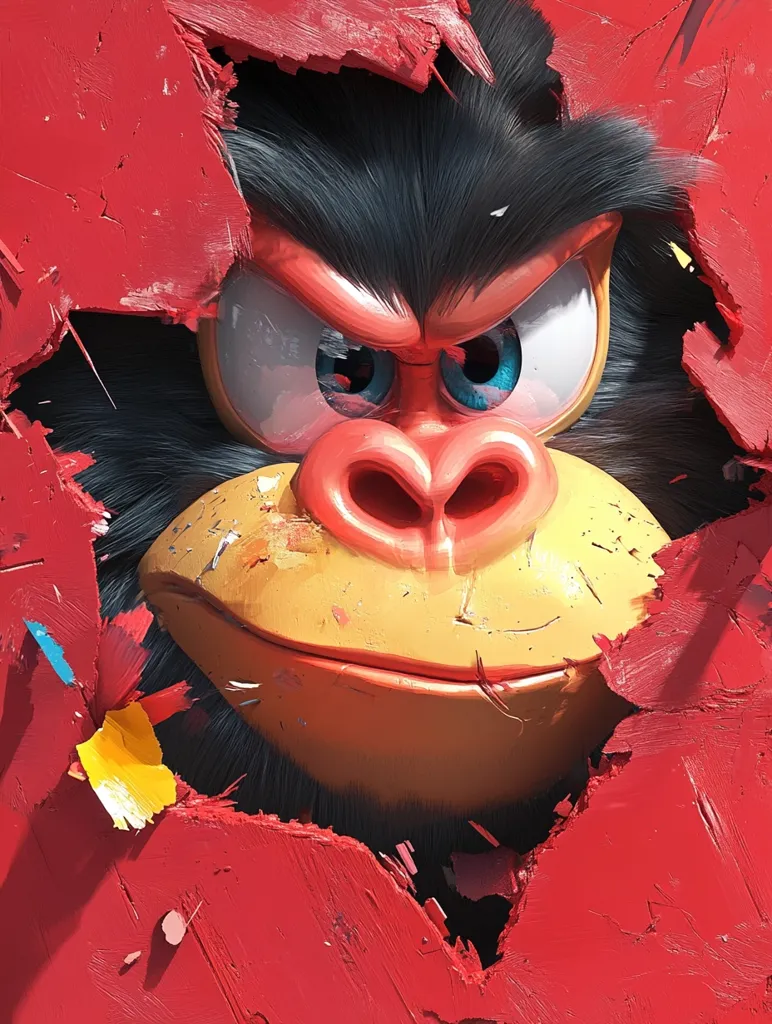 A stylized gorilla's face, rendered in 3D, emerges from a violently ripped red surface.  The gorilla has an angry expression, with wide, expressive eyes and a furrowed brow.  The red background is textured, showing the rough edges of the tear, creating a dynamic contrast with the smooth gorilla's features.  Traces of yellow and blue paint are visible on the surrounding red.