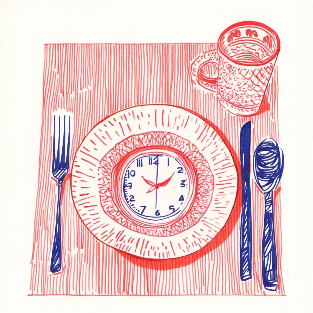 A stylized illustration depicts a place setting on a striped placemat.  A plate with a clock in the center is flanked by a fork and knife. A mug sits to the upper right, and a spoon rests to the lower right. The artwork utilizes bold red and blue lines to create a hand-drawn, textured effect, emphasizing the clock as the centerpiece.