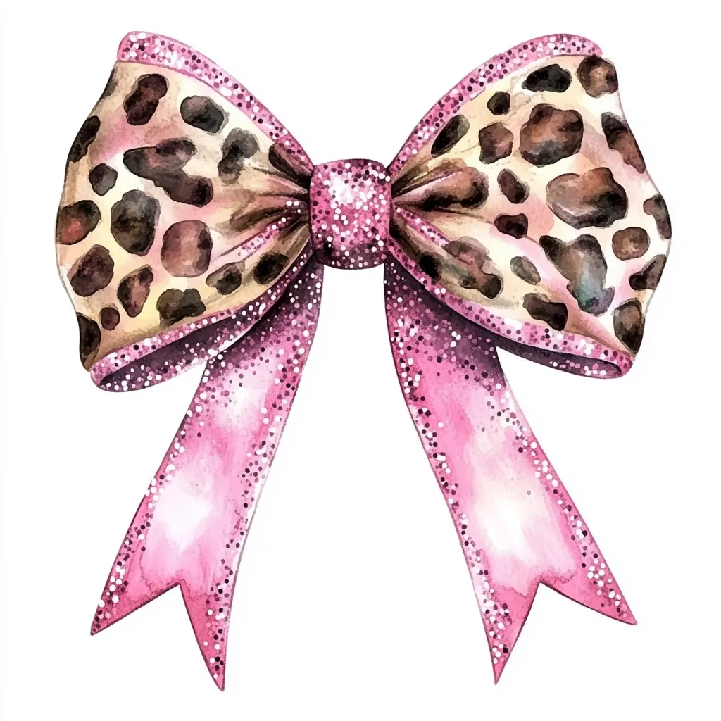 A watercolor illustration of a pink and leopard print bow. The bow is tied in a classic style, with the tails extending downwards.  The pink ribbon has a subtle glitter texture, contrasting beautifully with the realistic leopard print. The overall effect is elegant and playful, ideal for a fashion design or decorative purpose.