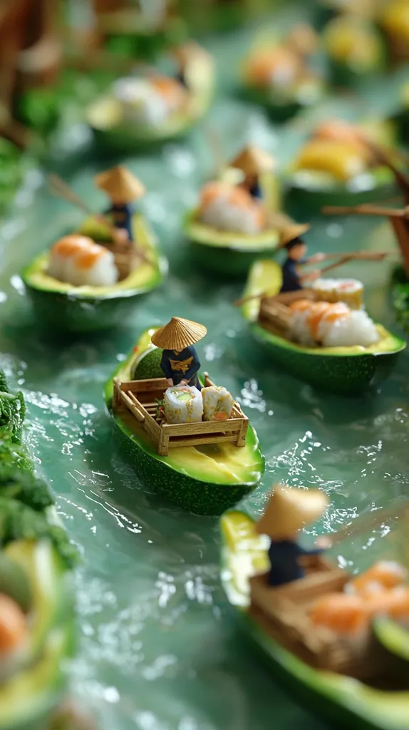Miniature figures in conical hats navigate avocado boats filled with sushi down a simulated river.  The scene is meticulously crafted, with detailed miniature fishermen and wooden crates holding precisely arranged pieces of sushi. The vibrant green avocados and the clear, rippling water create a captivating visual narrative.  The overall effect is one of playful artistry and culinary creativity.