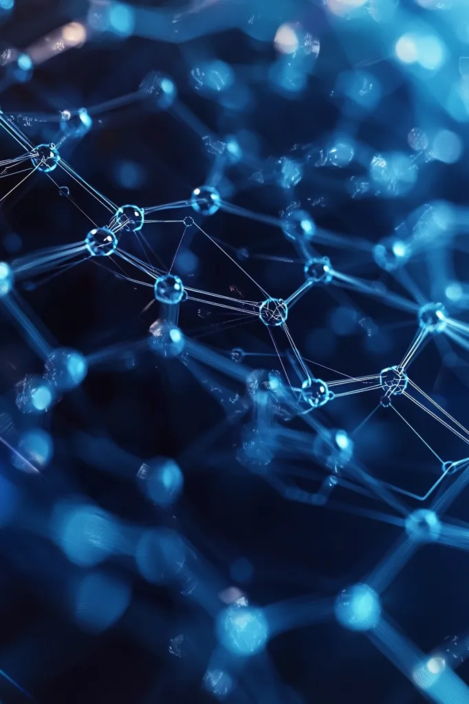 An abstract close-up depicts a network of glowing blue nodes interconnected by thin, luminous lines.  The structure resembles a complex molecular model or a digital network, with nodes varying in brightness and size against a dark blue background.  The image evokes feelings of connection, technology, and scientific advancement.  The depth of field is shallow, emphasizing the central network.