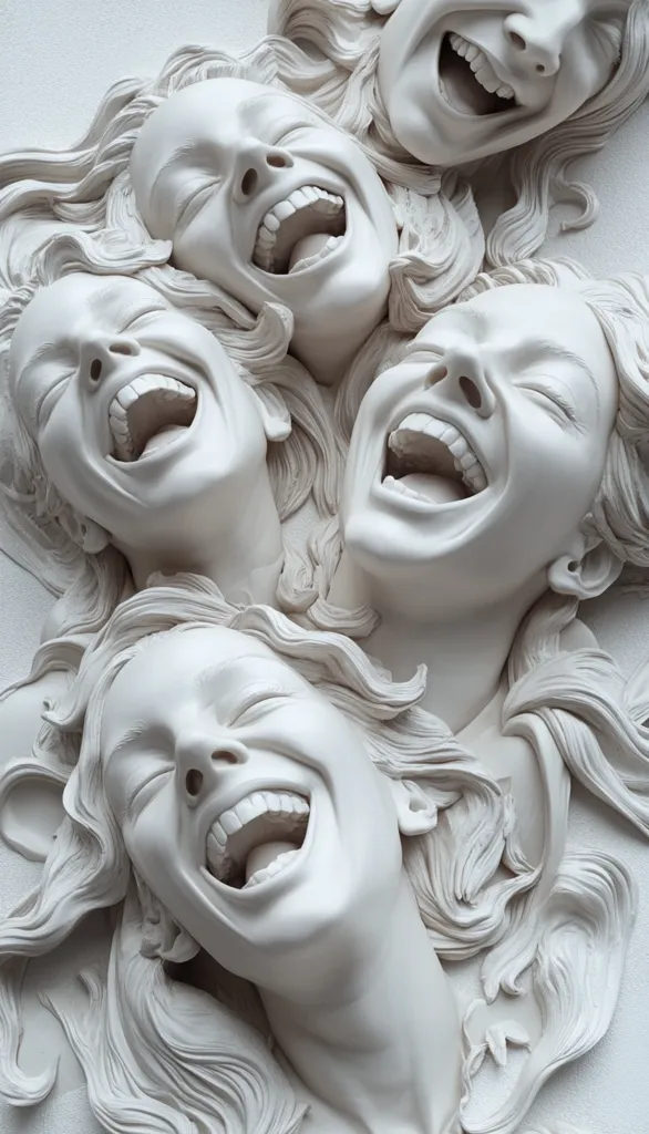 A detailed close-up of a sculpted relief depicting five women's faces, all rendered in exquisite detail with flowing hair.  Each face is contorted in a wide, open-mouthed laugh, showcasing expressive emotion.  The monochromatic white of the sculpture creates a striking contrast against the background. The artistry focuses on capturing the intensity and joy of unrestrained laughter.