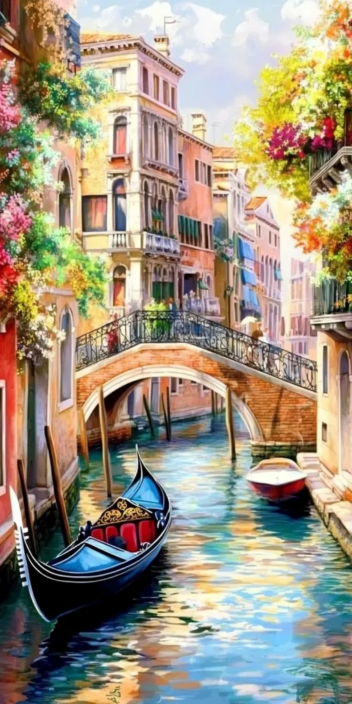 A vibrant painting depicts a tranquil Venetian canal scene. A gondola, adorned with blue and gold details, floats serenely on the water.  Colorful buildings line the canal, their facades adorned with flowering plants and balconies. A charming arched bridge connects the buildings, adding to the picturesque charm. The water reflects the surrounding colors, creating a captivating interplay of light and shadow.