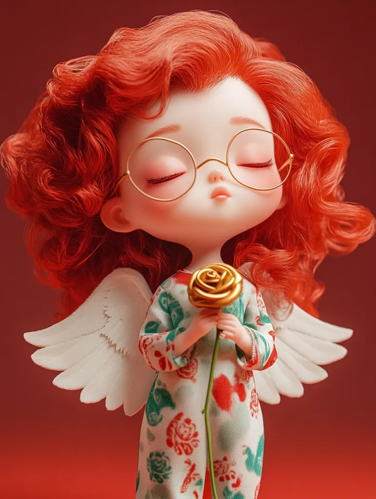 A digital rendering of a cute doll with vibrant red curly hair, wearing round gold glasses and white angel wings.  The doll has its eyes closed peacefully and holds a golden rose.  It's dressed in a floral patterned outfit against a deep red background, creating a whimsical and serene image.