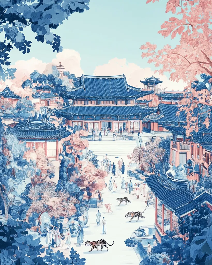 A serene illustration depicts a pastel-colored East Asian city scene.  Traditional architecture, including intricately detailed temples and houses, lines a wide pathway leading to a central building.  People in period clothing stroll amidst blossoming trees, and several tigers calmly walk among them.  The overall atmosphere is peaceful and dreamlike, with a soft color palette emphasizing blues and pinks.