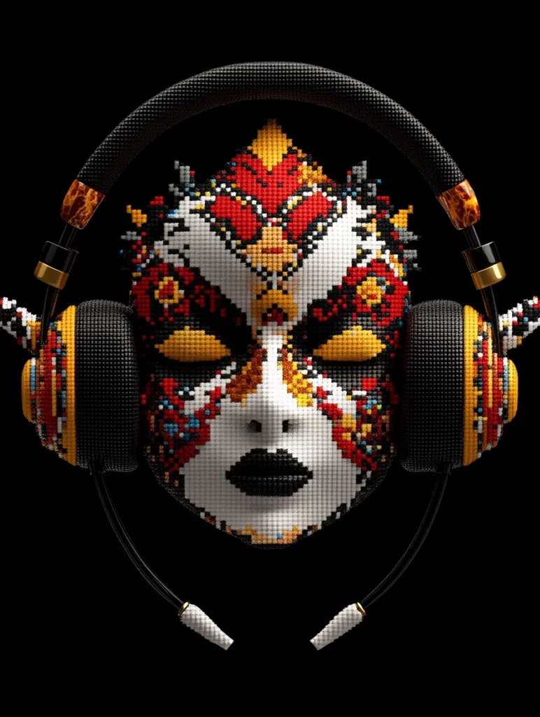 A stylized face mask, crafted from vibrant mosaic tiles in red, yellow, and blue, is depicted wearing oversized black headphones. The mask's design is intricate and detailed, with a focus on the eyes and mouth. The background is a stark black, emphasizing the mask and its accessories. The image suggests a blend of art, music, and technology.