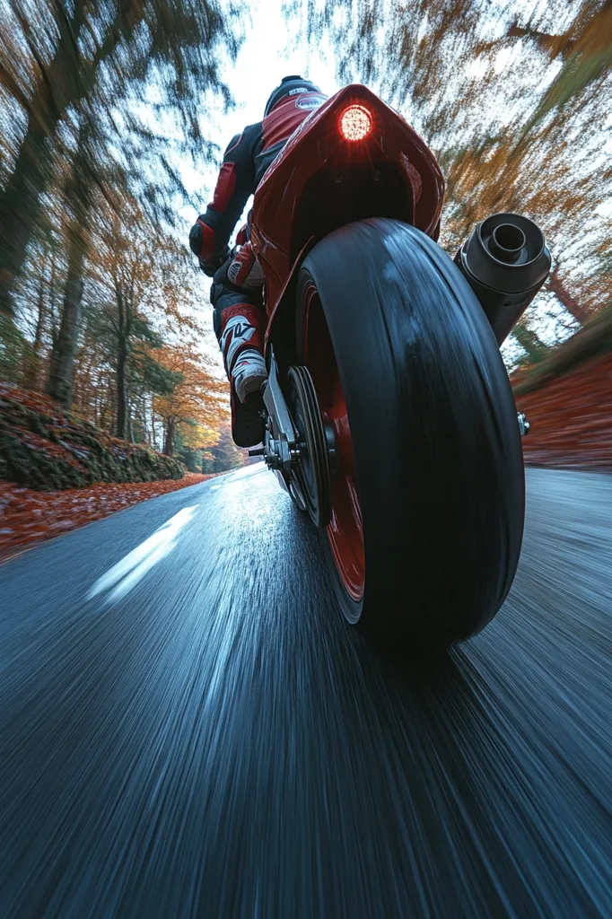 A red motorcycle speeds down a wet asphalt road, surrounded by autumnal trees.  The image is taken from a low, rear perspective, emphasizing the motion blur and the bike's powerful rear tire.  The rider, clad in a racing suit, is visible but indistinct, their focus solely on the road ahead.  Leaves scatter on the roadside, adding to the autumnal atmosphere.