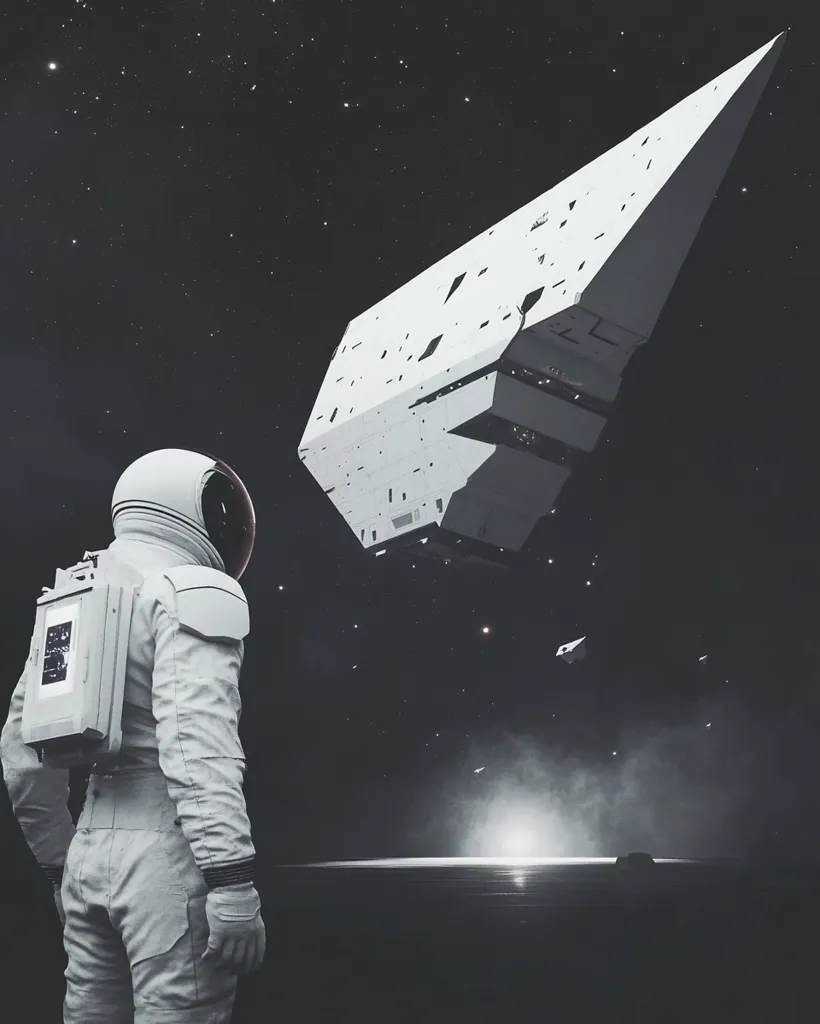 A lone astronaut in a pristine white spacesuit stands on a dark, desolate planet, gazing up at a massive, angular spaceship hovering in the star-filled sky. The spaceship, a sleek white monolith, dominates the scene, its sharp edges contrasting with the soft glow of a distant light source on the horizon.  The astronaut's isolation and the immense scale of the vessel create a sense of wonder and mystery.