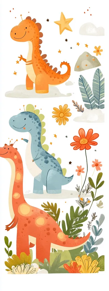 The illustration features three adorable cartoon dinosaurs in orange, blue, and a lighter orange.  They are surrounded by vibrant flowers, lush green foliage, a star, and clouds. The style is whimsical and child-like, perfect for children's books or decorations. The dinosaurs are depicted in playful poses, adding to the overall cheerful tone.