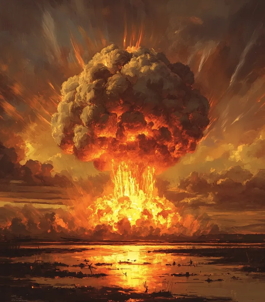 A massive nuclear explosion dominates the landscape, its fiery mushroom cloud billowing into a fiery orange and yellow sky.  Intense light radiates outwards, illuminating a tranquil body of water reflecting the inferno below.  The scene evokes a sense of devastation and awe, the aftermath of catastrophic power.  The vastness of the explosion contrasts sharply with the smallness of the landscape elements.