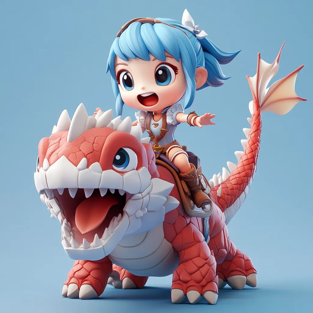 A 3D rendering showcases a cute, chibi-style girl with bright blue hair riding a friendly, red dragon-like creature.  The girl wears adventurer attire, and the creature has a playful, cartoonish design with large eyes and prominent teeth.  The scene is set against a light blue background, highlighting the vibrant colors of the characters. The overall style is whimsical and charming.