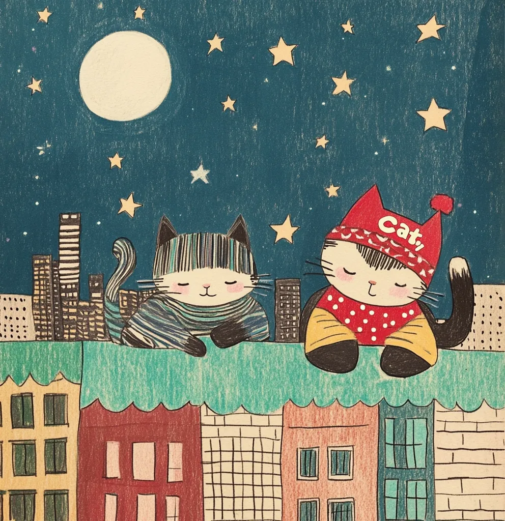 Two adorable cats sit atop a cityscape under a starry night sky.  One cat wears a striped scarf, the other a red hat with white polka dots. A large, bright moon hangs in the sky above the city's buildings. The illustration features a whimsical, hand-drawn style with crayon-like textures and bold outlines.  The scene evokes a peaceful and charming atmosphere.