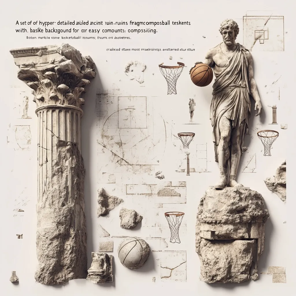 A digitally created image juxtaposes classical elements with basketball.  A fragmented Roman column and statue of a man holding a basketball are scattered across a background of architectural sketches and basketball hoop diagrams. The overall style is a blend of ancient ruins and modern sport, creating a surreal and intriguing composition.  The color palette is muted, emphasizing the texture of the stone.