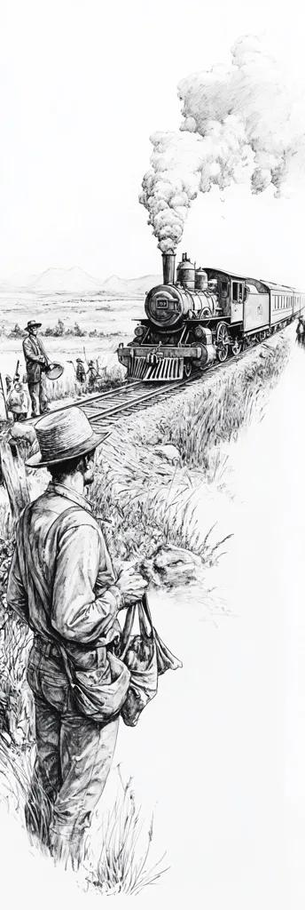 A black and white drawing depicts a steam train chugging across a vast, flat landscape.  Smoke billows from its smokestack.  In the foreground, a lone figure in a hat and long coat stands in tall grass, seemingly observing the train. Other figures are visible in the distance, suggesting a rural setting. The scene evokes a sense of progress and the impact of the railroad on a sparsely populated region.