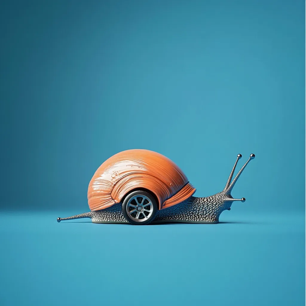 A 3D rendering showcases a snail with a unique modification: its shell is replaced with a car body, complete with a single wheel.  The snail's body is dark gray, contrasting with the vibrant orange car-shell. The scene is set against a minimalist, light blue backdrop, creating a striking visual juxtaposition of slow and fast.  The image is humorous and surreal.